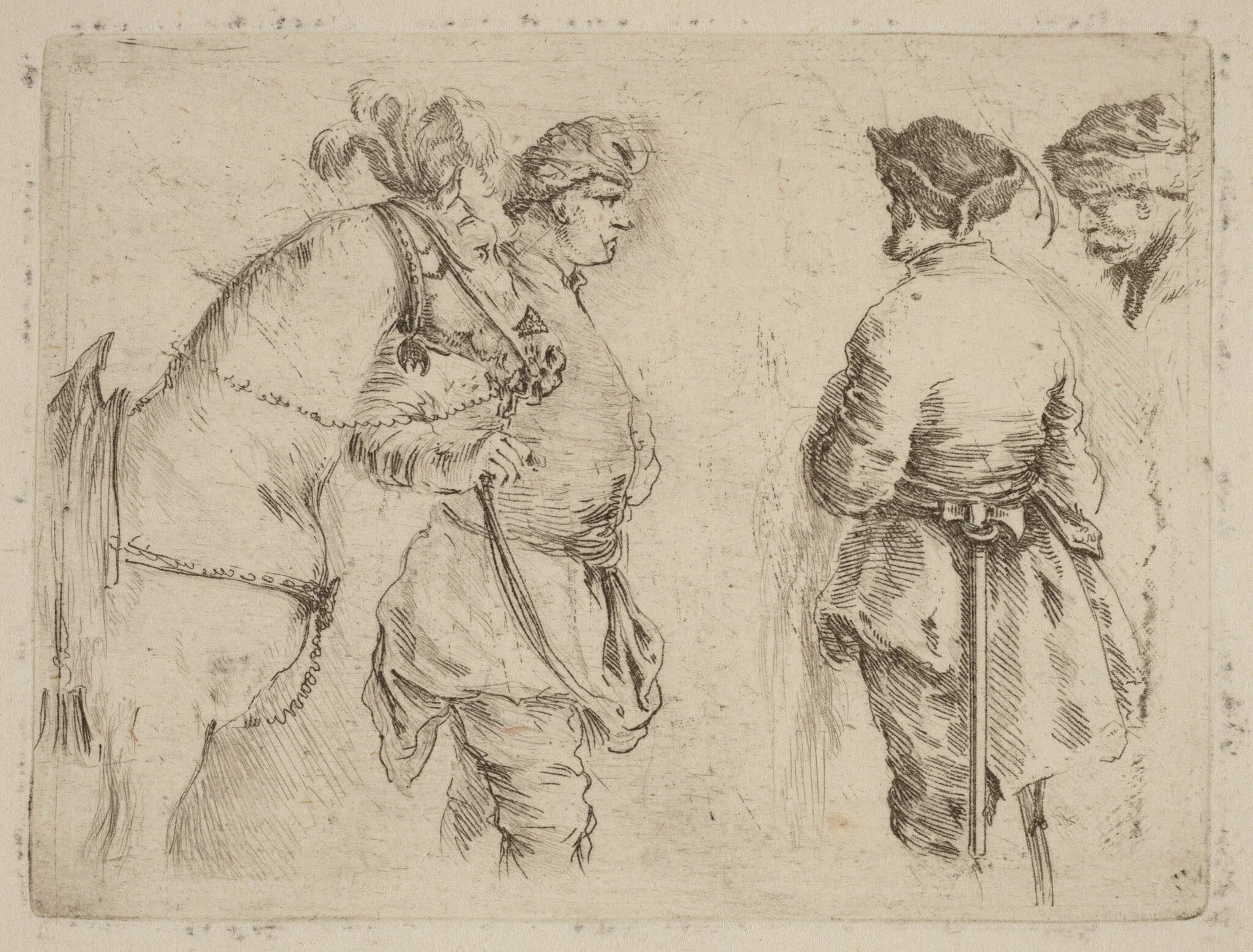 Pole Holding the Bridle of a Horse while Speaking with Two Other Men, detail
