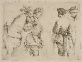 Pole Holding the Bridle of a Horse while Speaking with Two Other Men, by Stefano Della Bella, ink, 1637