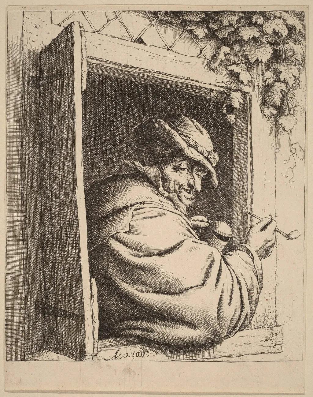 Peasant at a Window Holding a Pipe and a Jug, by Adriaen van Ostade, ink, 1653