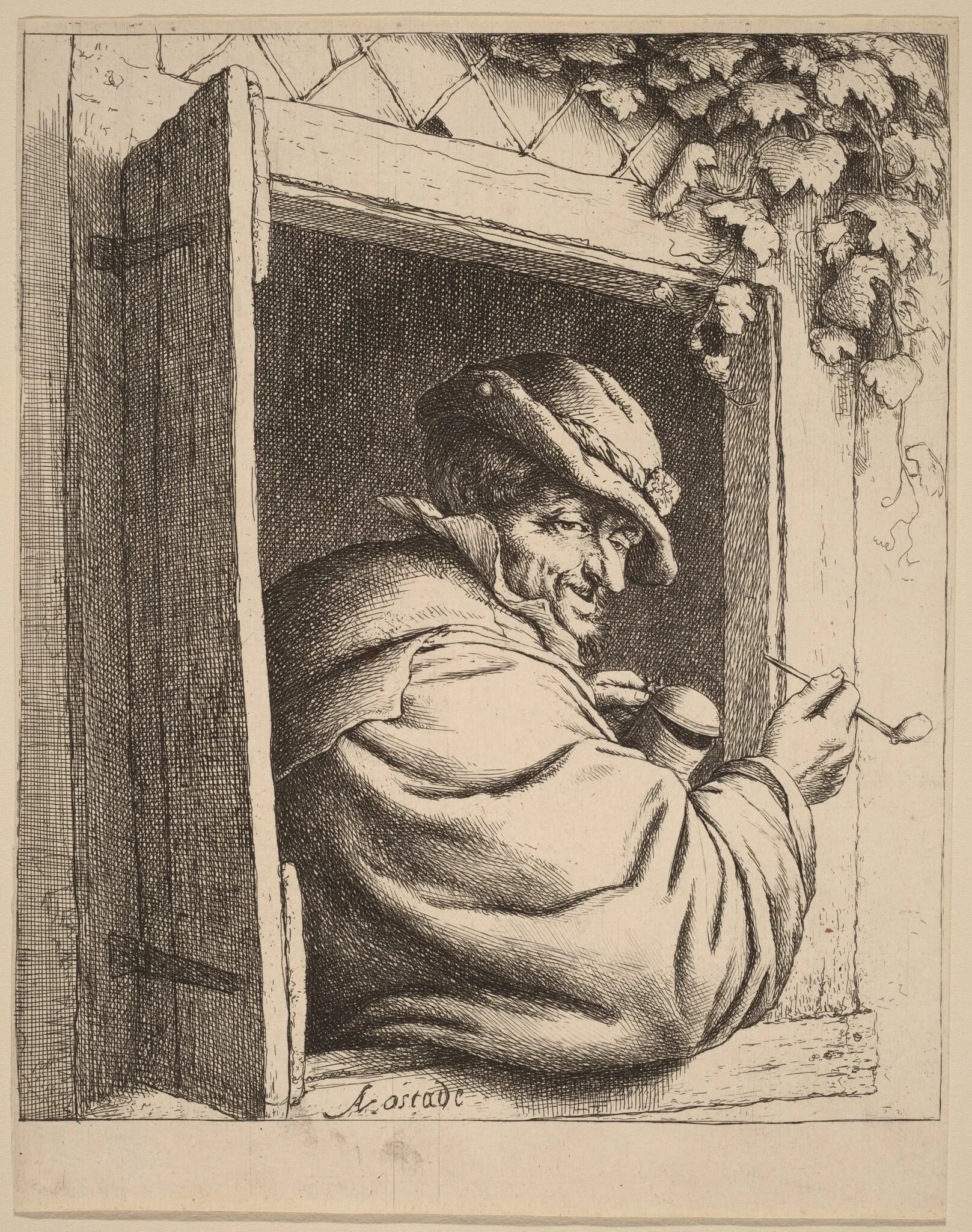 Peasant at a Window Holding a Pipe and a Jug, detail