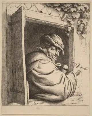 Peasant at a Window Holding a Pipe and a Jug, by Adriaen van Ostade, ink, 1653