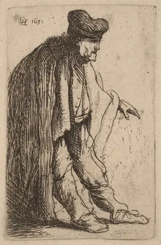 Beggar with His Left Hand Extended, by Rembrandt van Rijn, ink, 1631