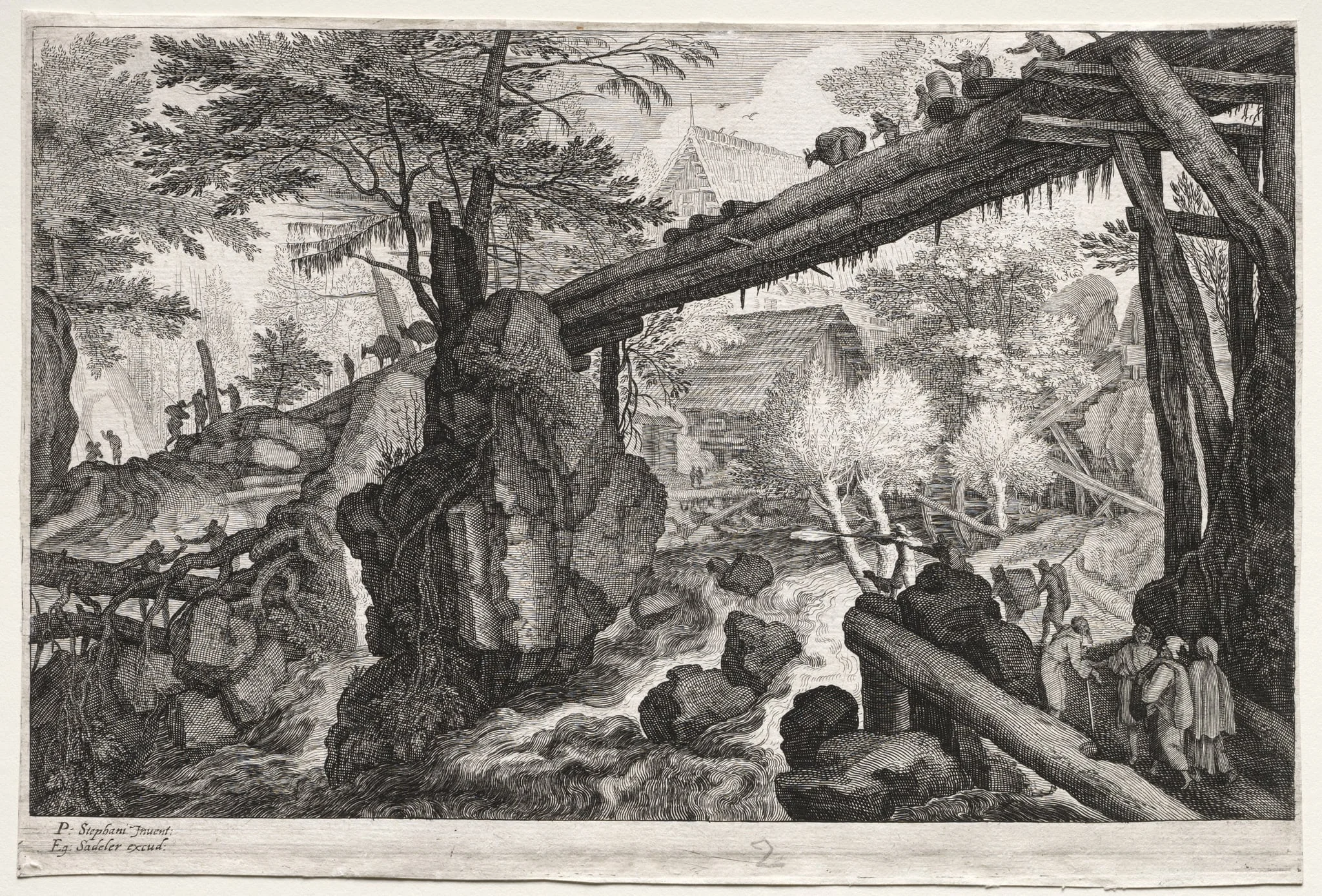 Eight Bohemian Landscapes: Landscape with Log Bridge over Cataract, detail