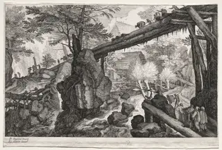 Eight Bohemian Landscapes:  Landscape with Log Bridge over Cataract, by Aegidius Sadeler II, 1612