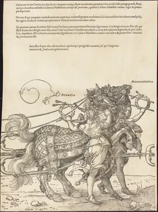 The Triumphal Chariot of Maximilian I (The Great Triumphal Car) [plate 7 of 8], by Albrecht Dürer, ink, 1523
