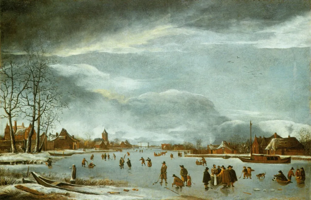 Frozen river with skaters and strollers, by Anthonie Beerstraaten, paint, 1655