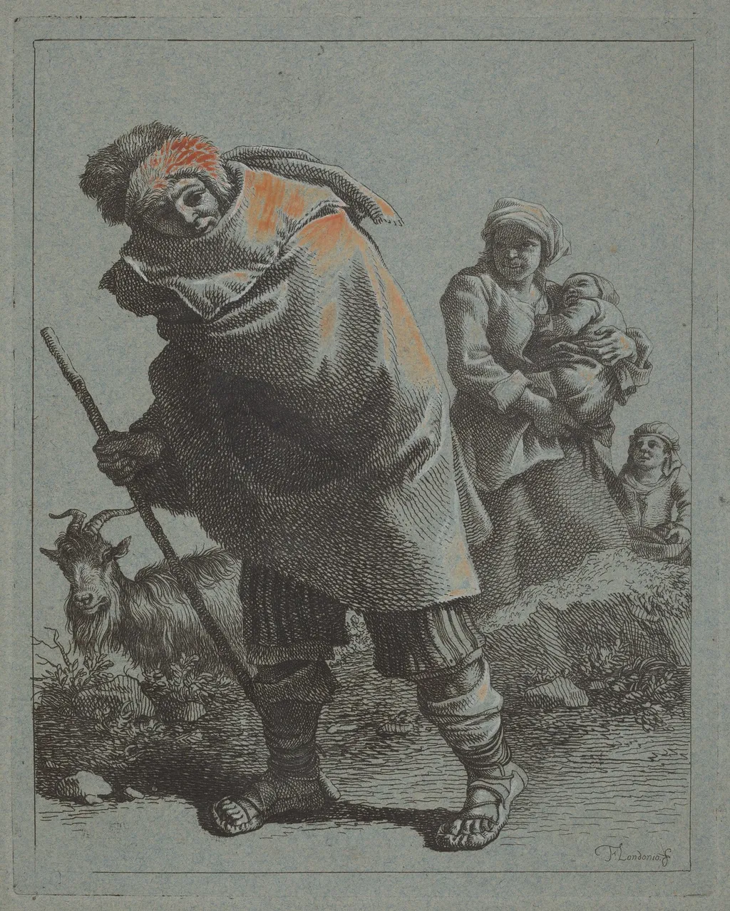 Shepherd with Walking Stick and a Peasant Woman with Child, by Francesco Londonio, gouache, 1758