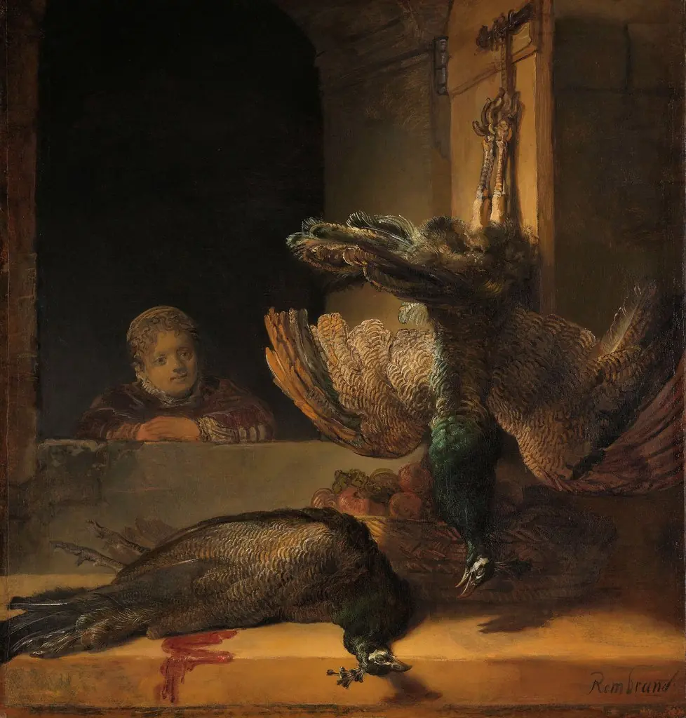 Still Life with Peacocks, by Rembrandt, oil, 1636