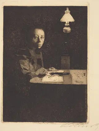 Self-Portrait at the Table (Selbstbildnis am Tisch), by Käthe Kollwitz, ink, 1893