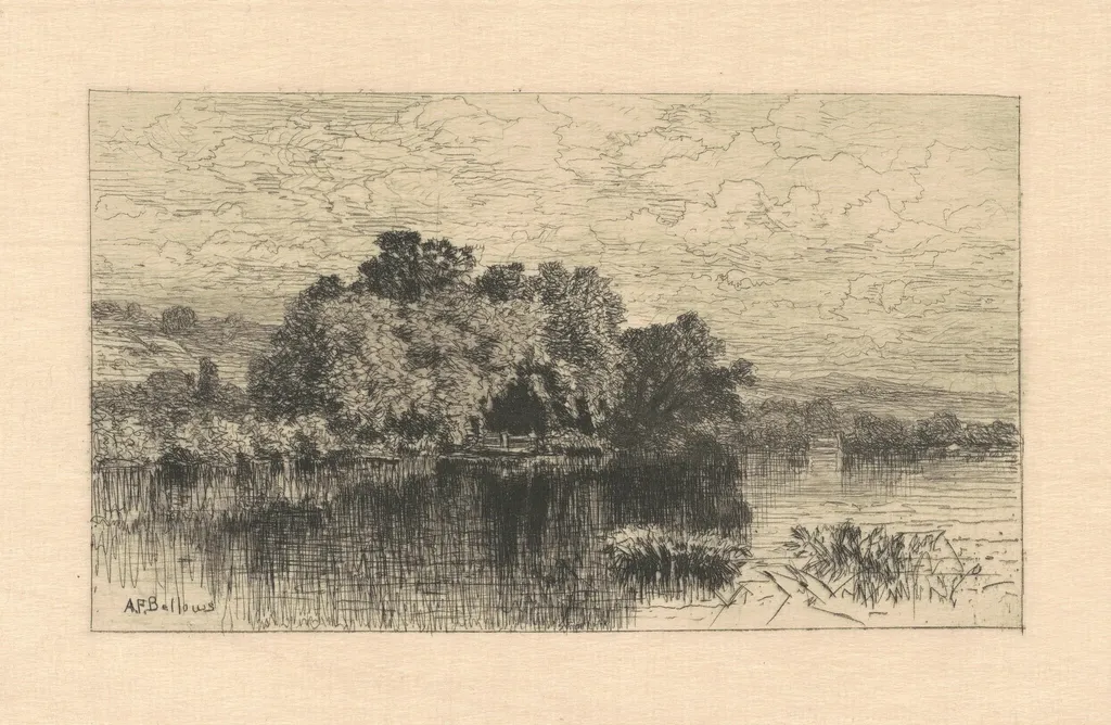 Mill Pond at Windsor, Connecticut, by Albert Fitch Bellows, ink, 1880
