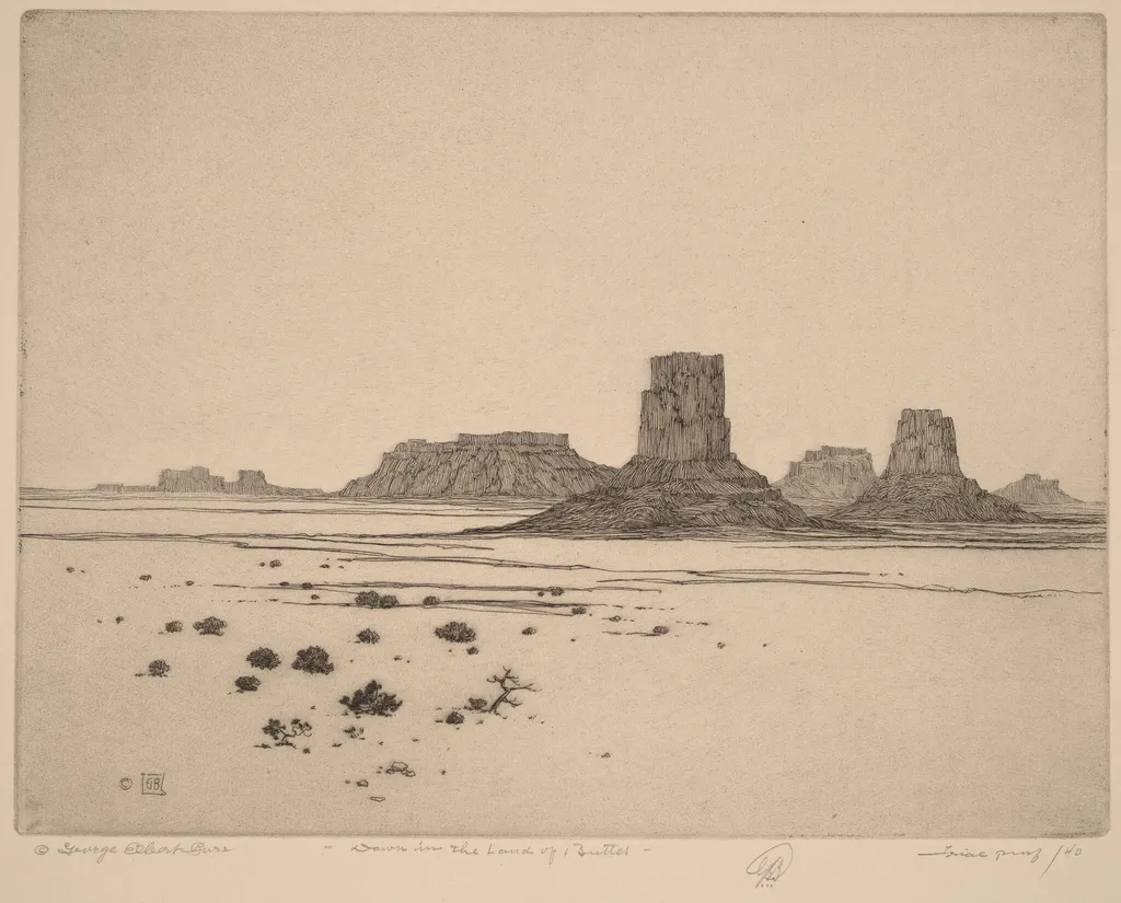 Dawn in the Land of the Buttes, by George Elbert Burr, ink, 1920