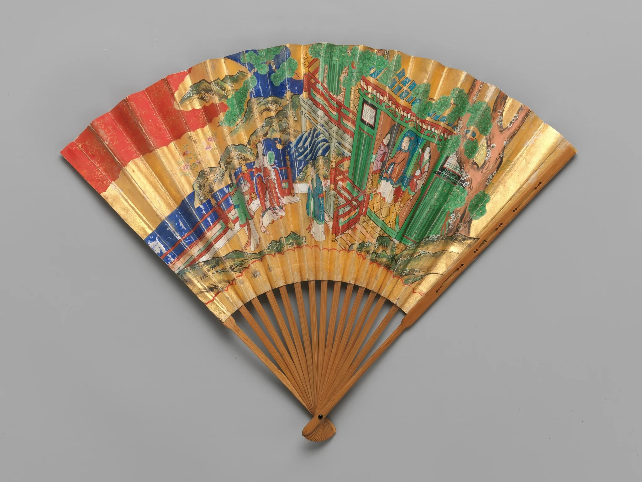 Chūkei Fan with Queen Mother of the West and King Mu of Zhou (obverse) and Plum Tree and Young Pines (reverse), detail