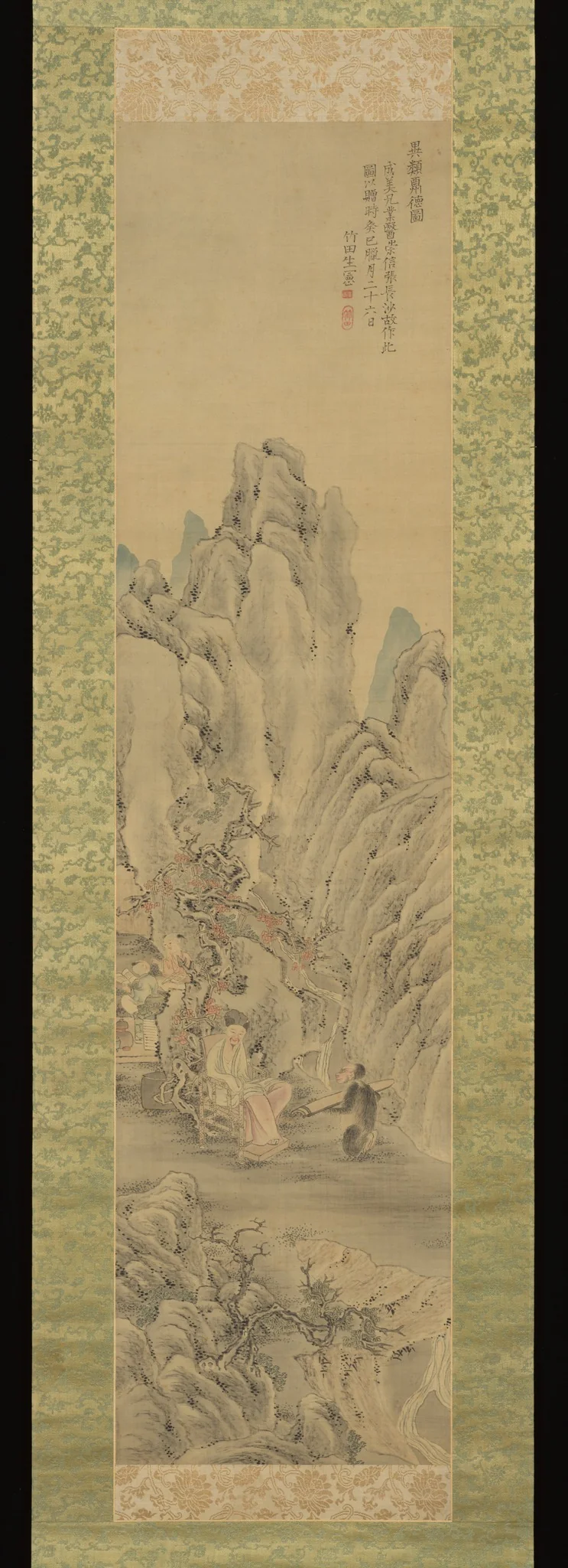 Monkey Offering a Qin to Scholar 異類酬徳図 (Irui hōtoku zu), detail