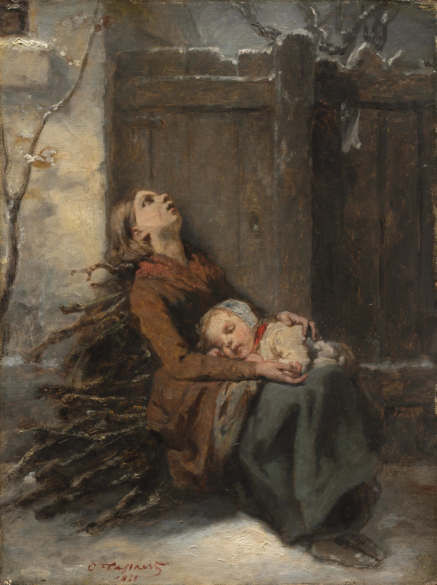 Destitute Dead Mother holding her sleeping Child in Winter, detail