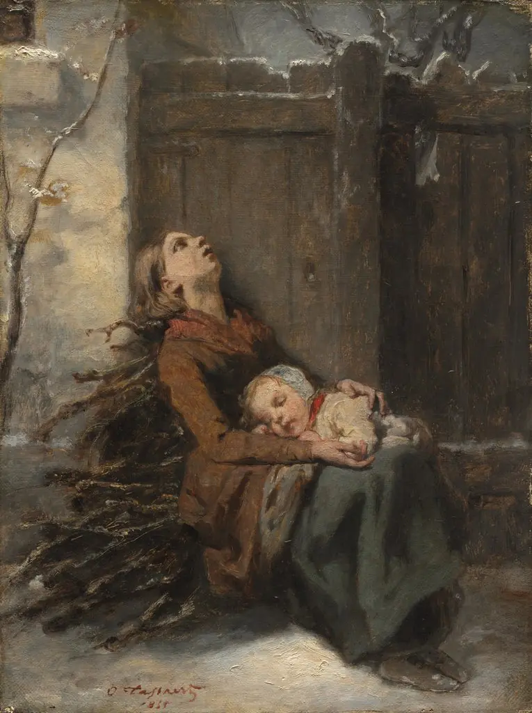 Destitute Dead Mother holding her sleeping Child in Winter, by Octave Tassaert, oil, 1850