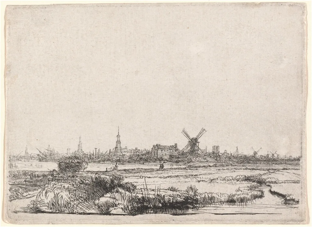 View of Amsterdam from the Northwest, by Rembrandt van Rijn, ink, 1640