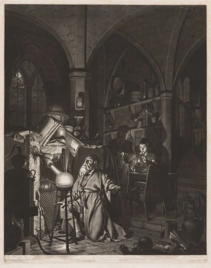 The Alchymist, in Search of the Philosopher's Stone, Discovers Phosphorus, and Prays for the Successful Conclusion of his Operation, as was the Custom of the Ancient Chymical Astrologers, detail