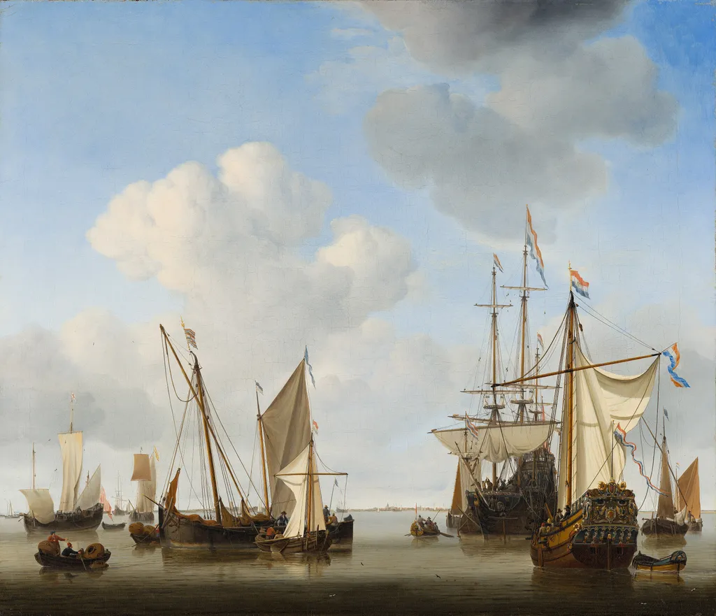 Ships on a Calm Sea, by Willem van de Velde the Younger, oil, 1658
