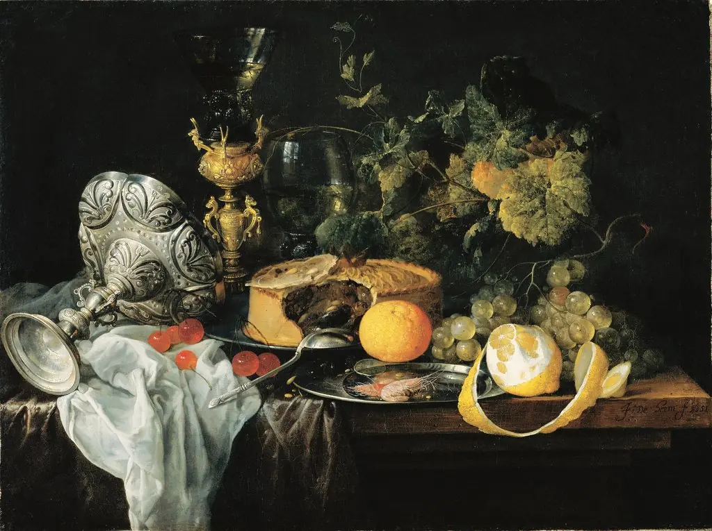 Sumptuous Still Life with Fruits, Pie and Goblets, 1651, by Jan Davidsz. de Heem, oil, 1651