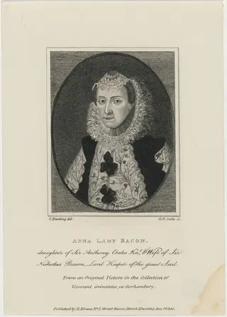 Anna, Lady Bacon, Daughter of Sir Anthony Cooke and Wife of Sir Nicolas Bacon, by Henry Richard Cook, ink, 19