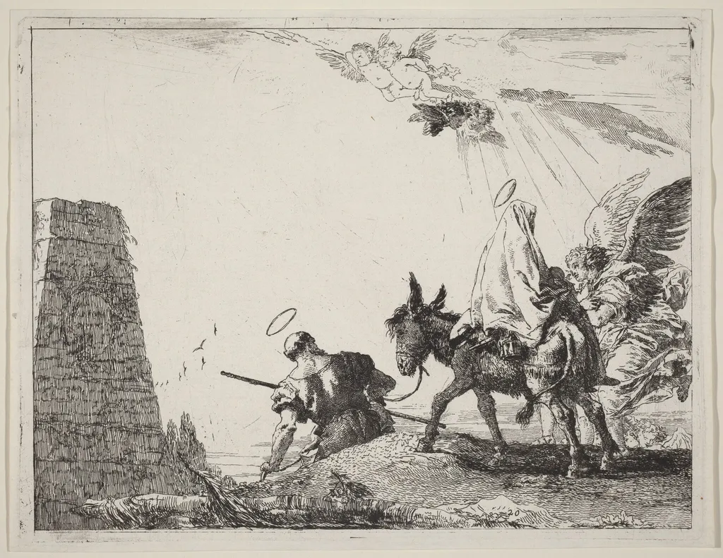 The Flight with Obelisk at the Left, by Giovanni Domenico Tiepolo, ink, 1753