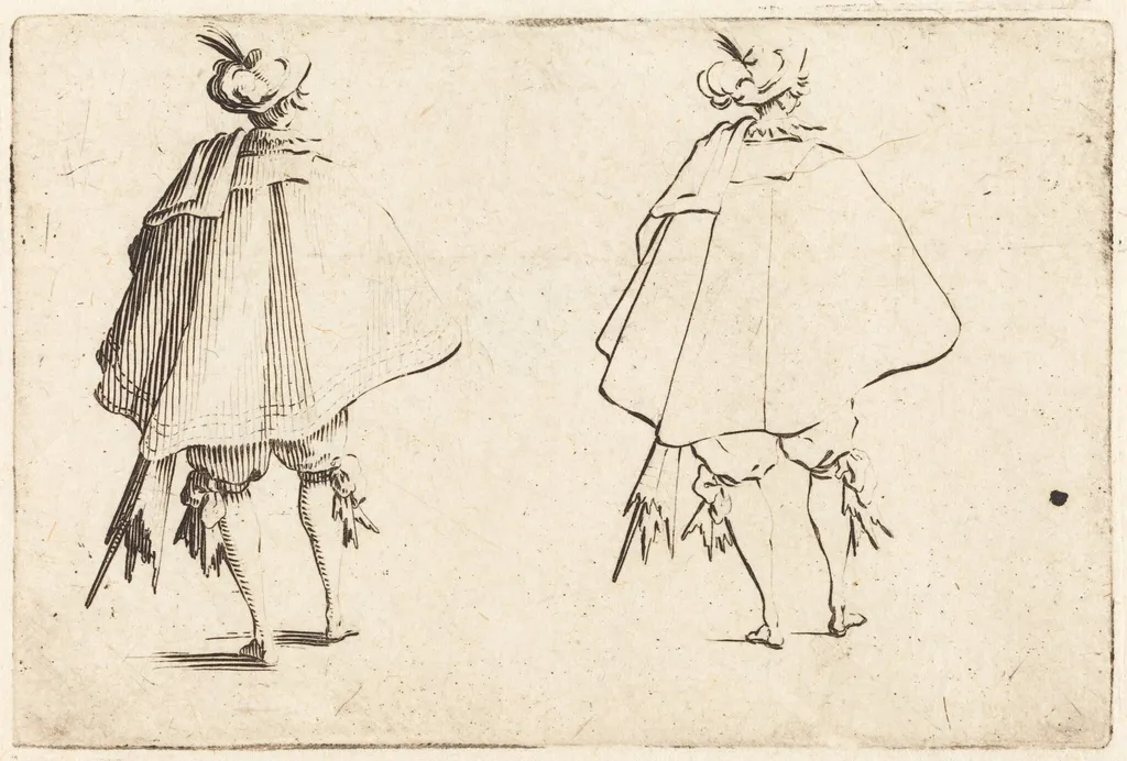 Gentleman in Large Mantle, Seen from Behind, by Jacques Callot, ink, 1622