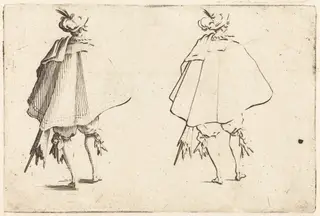 Gentleman in Large Mantle, Seen from Behind, by Jacques Callot, ink, 1622