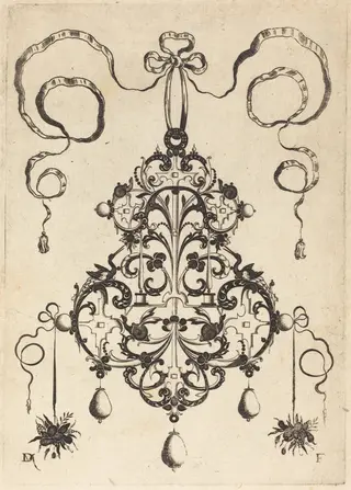 Large Pendant, Lower Left and Right Two Bunches of Grass and Fruit, by Daniel Mignot, ink, 1596