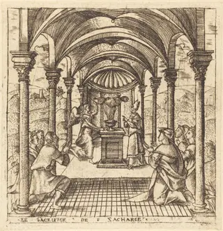 Zacharias and the Angel of the Lord, by Léonard Gaultier, ink, 1578
