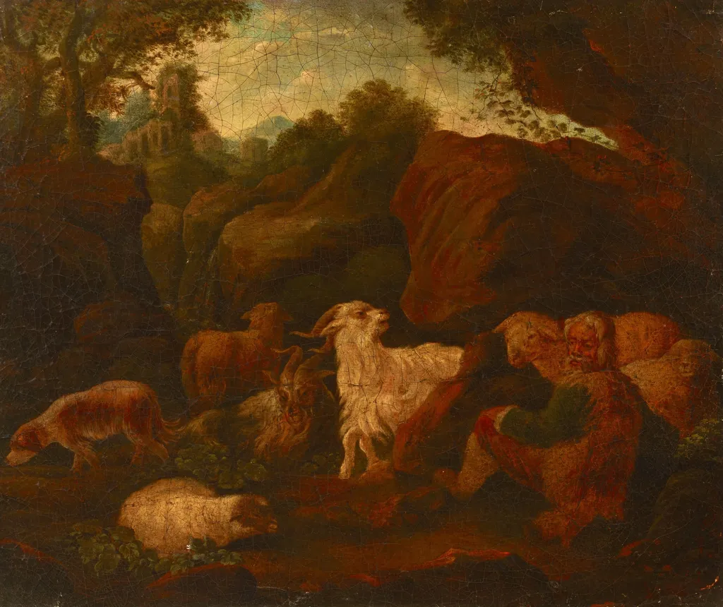 Landscape with a Shepherd and a Flock, by Cajetan Roos, oil, 1740