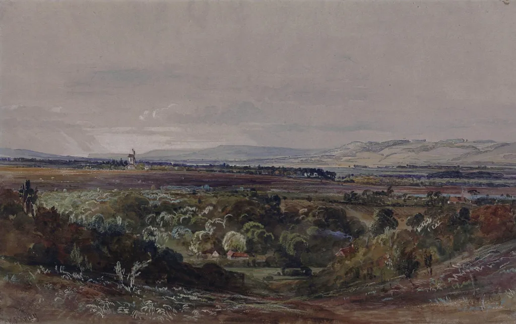 Landscape with Distant Windmill, by Caleb Robert Stanley, watercolor, 1815