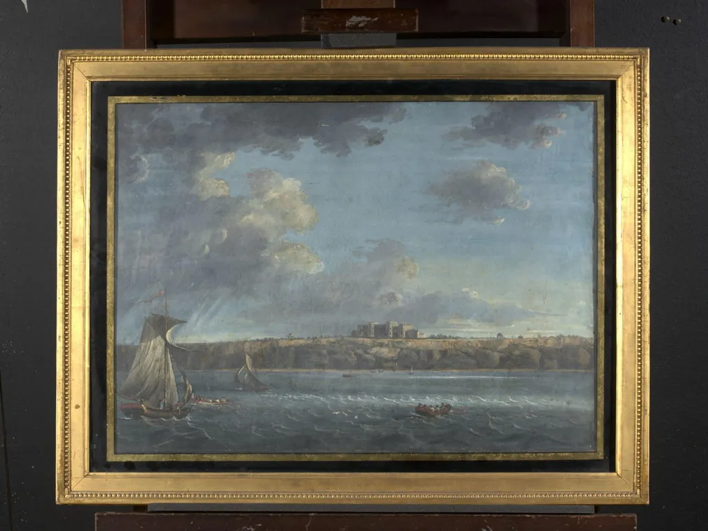 Highcliffe Castle, Dorset (High Cliff, Hampshire), from the Sea, by Callander, watercolor, 1783