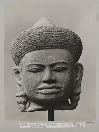 Cambodian sandstone sculpture of head of Deva, 10th century, V&A Museum, London
