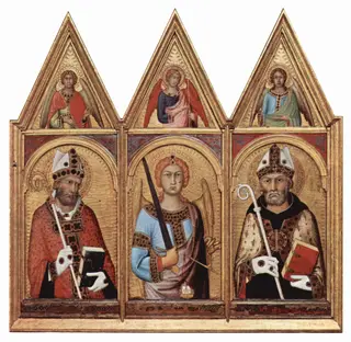 Cambridge altar retable. Scene: three saints with angels, from left: S. Geminianus, S. Michael, S. Augustinus