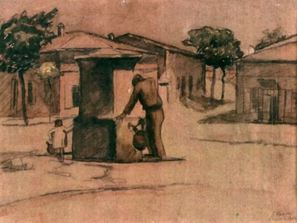 Peisaj cu case și cișmea, by Camil Ressu, unspecified, 1913