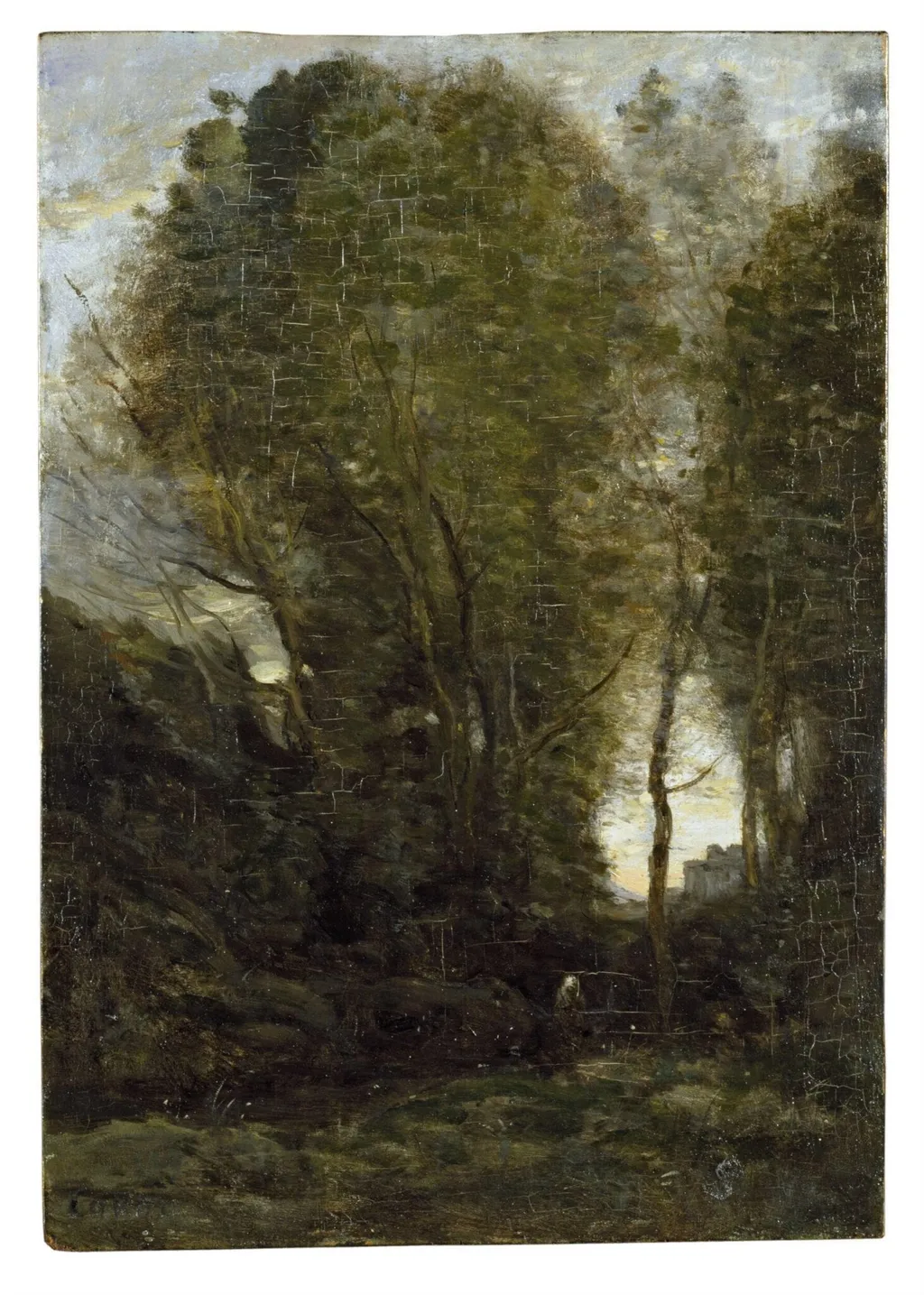Twilight: Landscape with Tall Trees and a Female Figure, by Camille Corot, oil, 1855