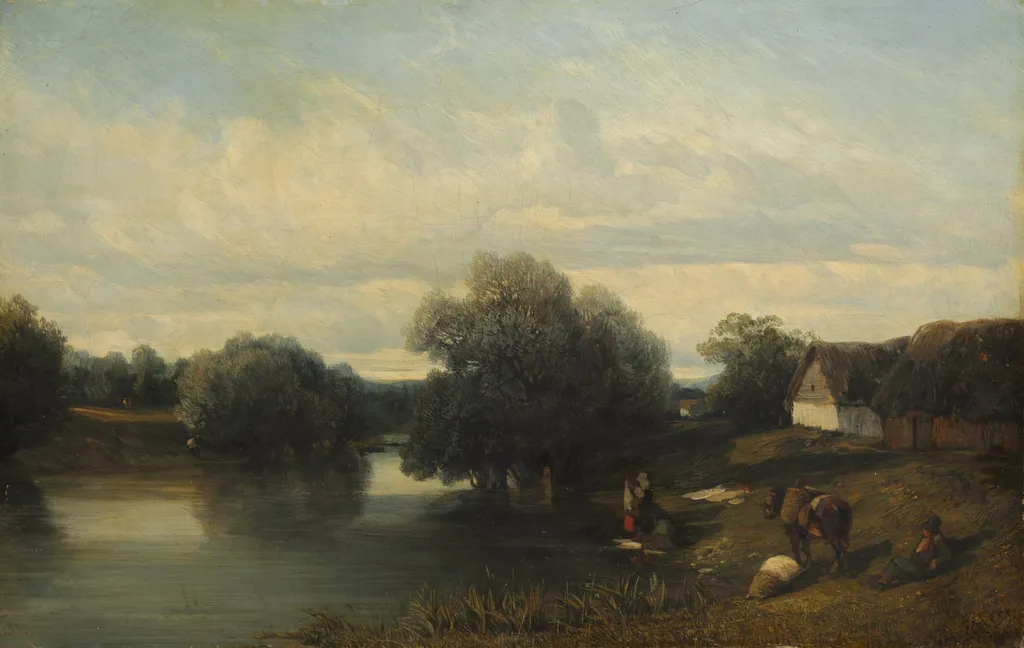 Cottage by the River with Washerwomen, by Camille Flers, unspecified, 1835