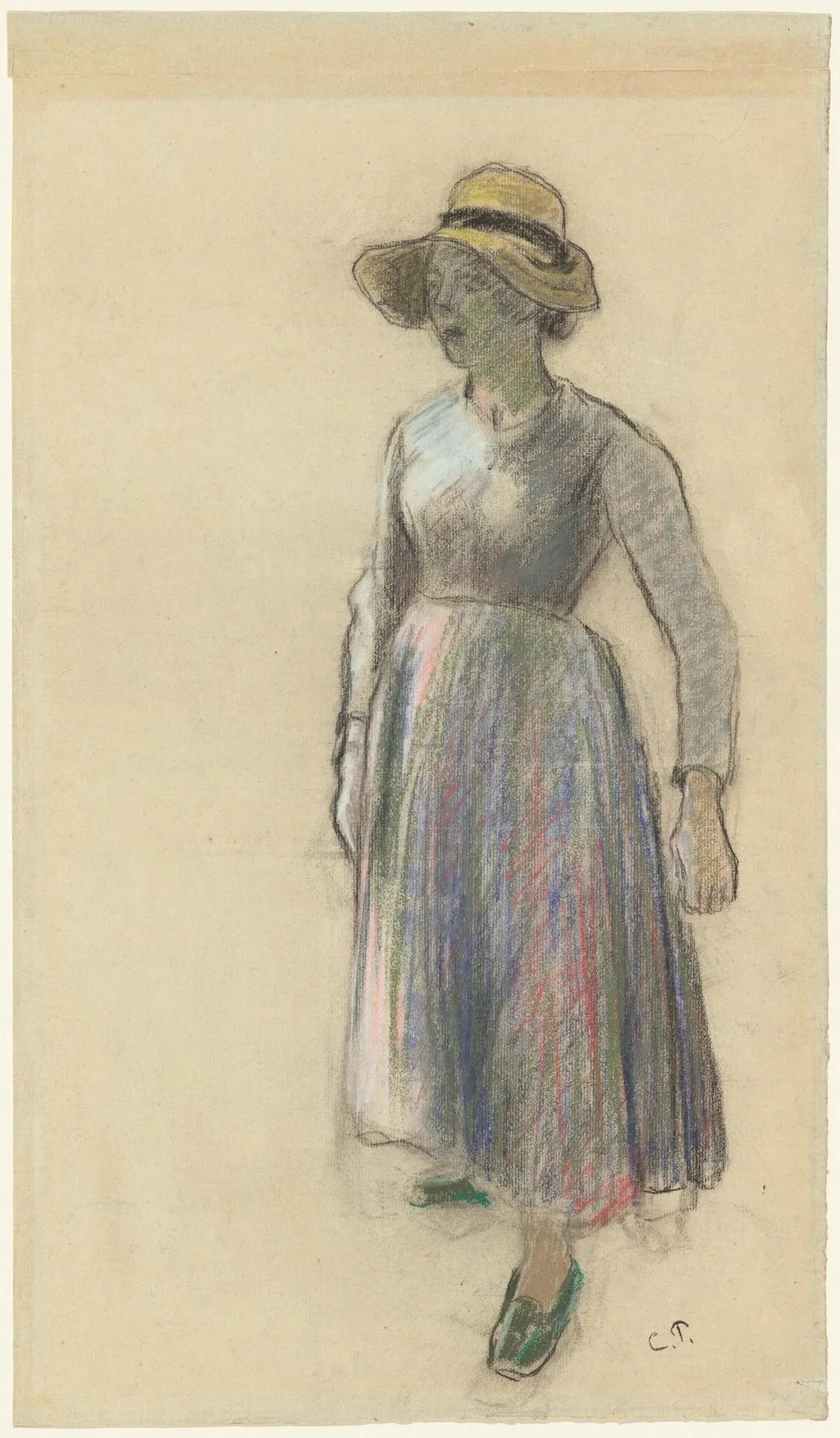 A Peasant Girl in a Straw Hat, by Camille Pissarro, chalk, 1892