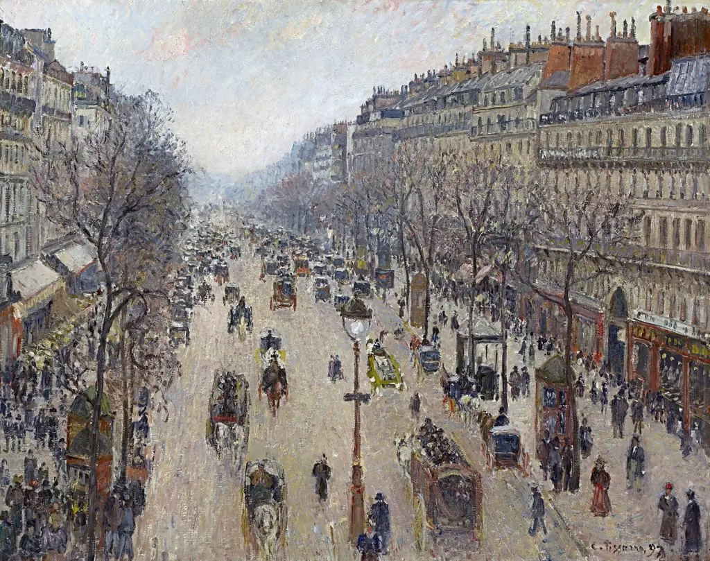 Boulevard Montmartre, morning, cloudy weather, by Camille Pissarro