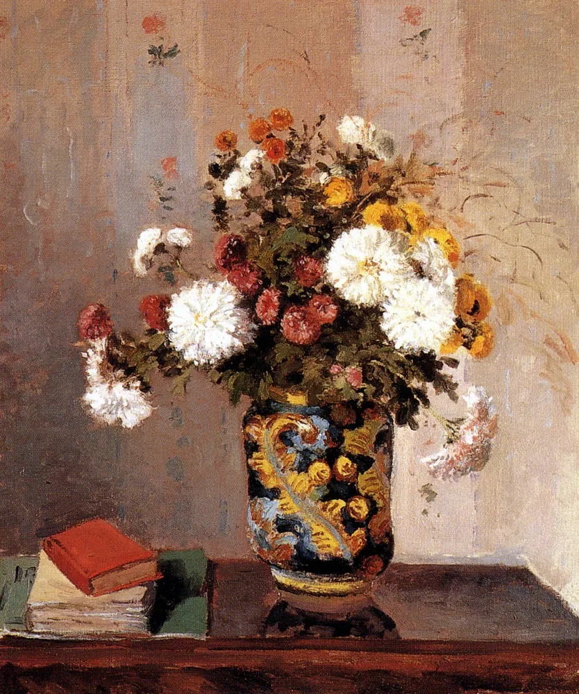 Chrysanthemums in a Chinese Vase, by Camille Pissarro, oil, 1873