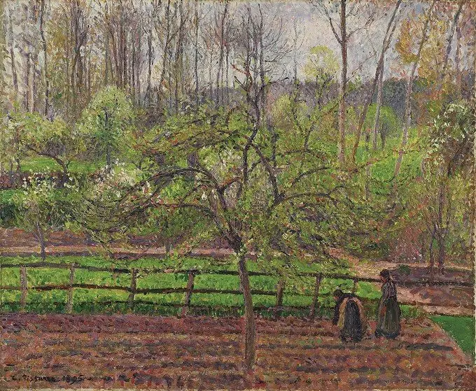 Femmes dans un clos, printemps, temps gris, Éragny, by Camille Pissarro
