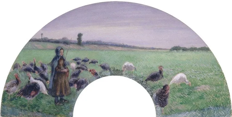 Girl in Field with Turkeys, by Camille Pissarro, gouache, 1893