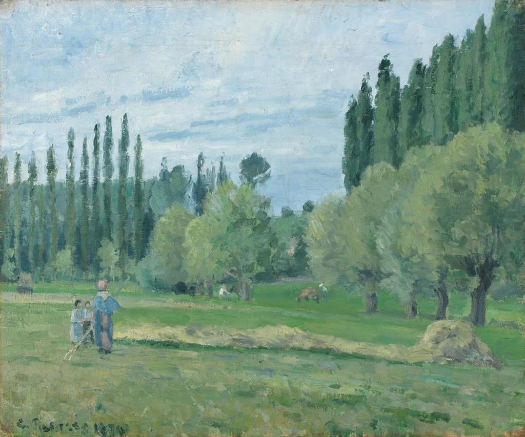 Haymaking, by Camille Pissarro, oil, 1874
