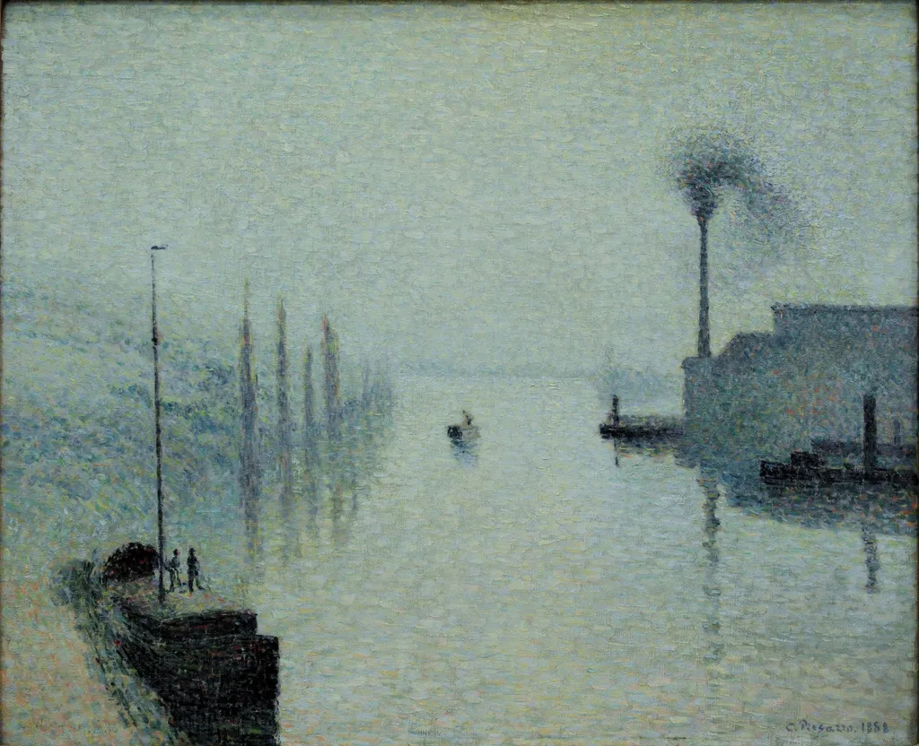 L'Île Lacroix, Rouen (The Effect of Fog), by Camille Pissarro, oil, 1894