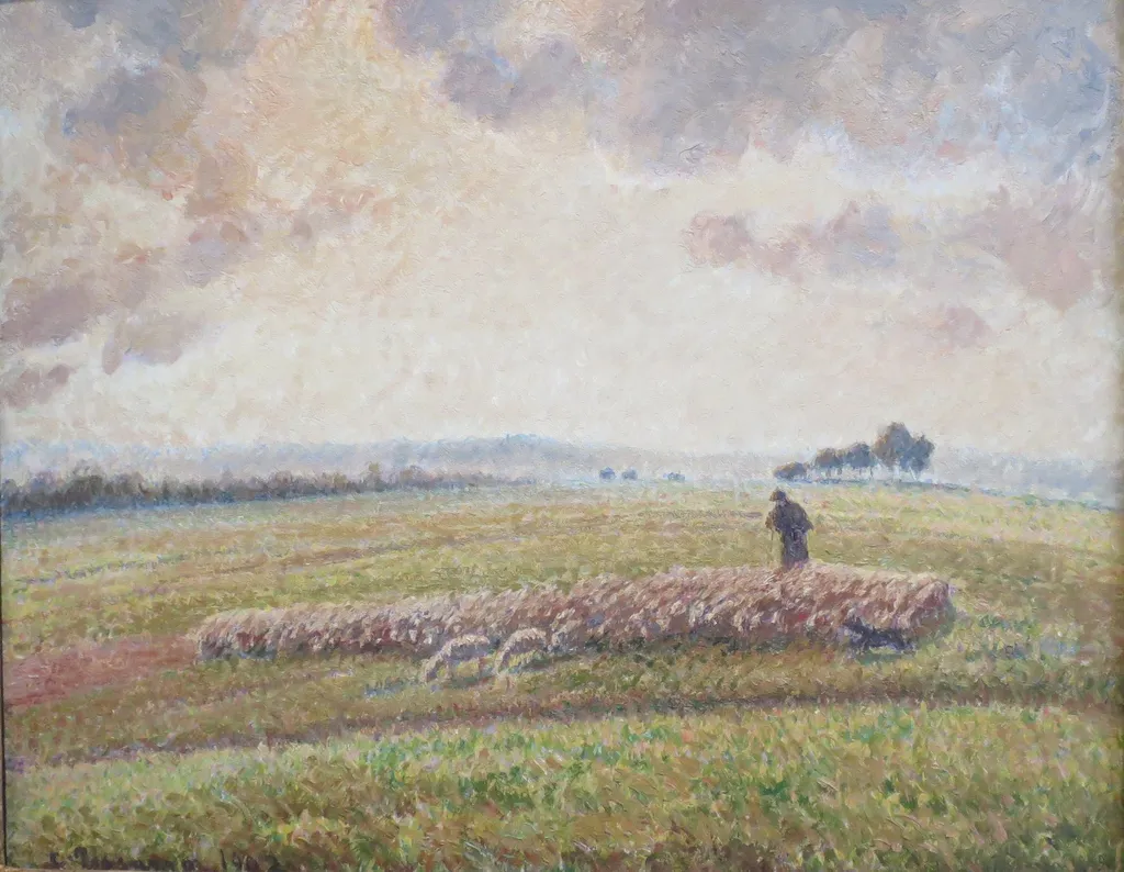 Landscape with Flock of Sheep, by Camille Pissarro, oil, 1895