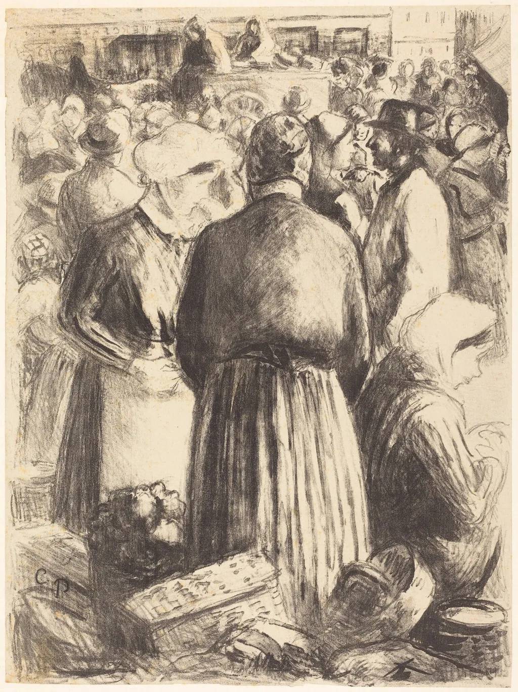 Market at Pontoise (Marché a Pontoise), by Camille Pissarro, ink, 1895