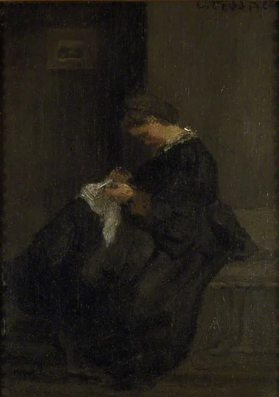 Mme Pissarro sewing, by Camille Pissarro, oil, 1860