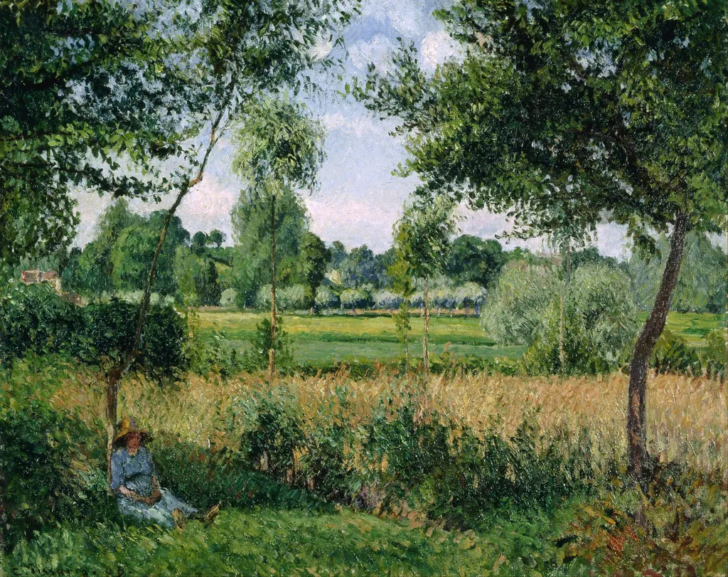 Peasant Woman Resting at the Foot of a Tree, Effect of Sunshine, Éragny, by Camille Pissarro, oil, 1900