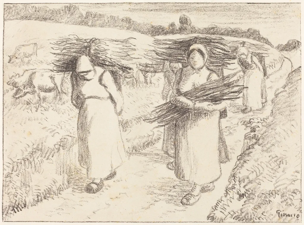 Peasants Carrying Sticks (Paysannes portant des fagots), by Camille Pissarro, ink, 1896