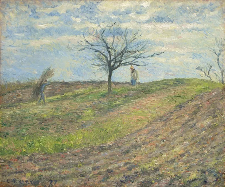 Ploughed Field in Winter with a Man Carrying a Bundle of Sticks, by Camille Pissarro, oil, 1889